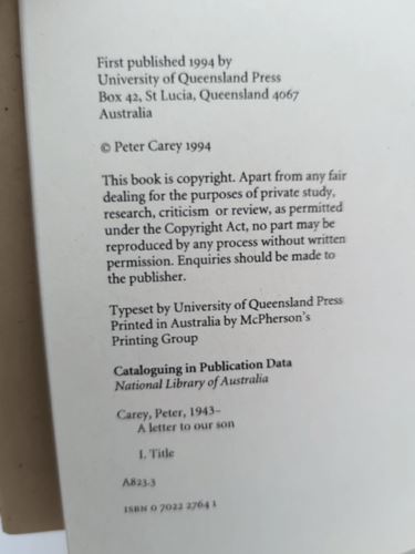 A Letter to Our Son by Peter Carey (Hardcover, 1994) Book Nook