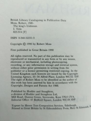 The King's Irishman by Robert Moss (Hardcover, 1990) Book Nook 0340522313